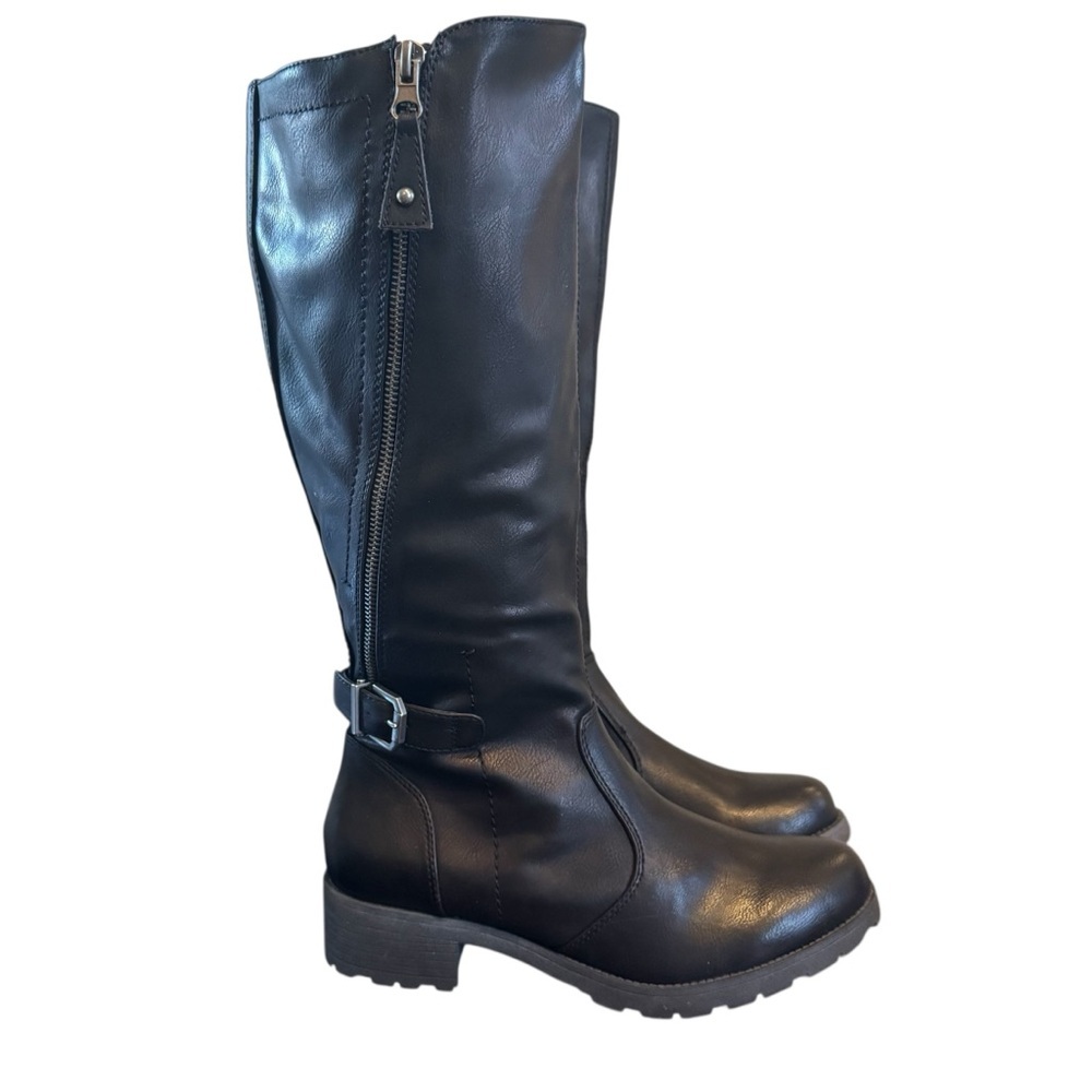 White Mountain Giorgia Black Leather Knee-High buckle zipper Boots low heel 8.5